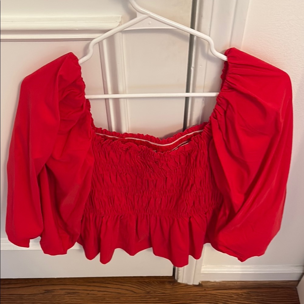 Red Smocked Puff Sleeve Crop Blouse